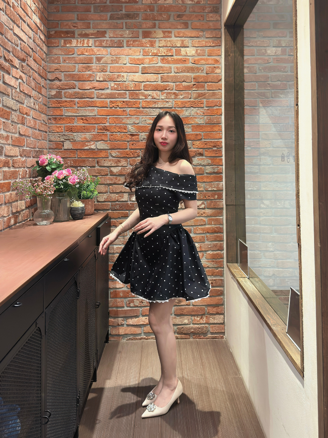 Vivienne | Midnight Polka Dot Off-Shoulder Mini