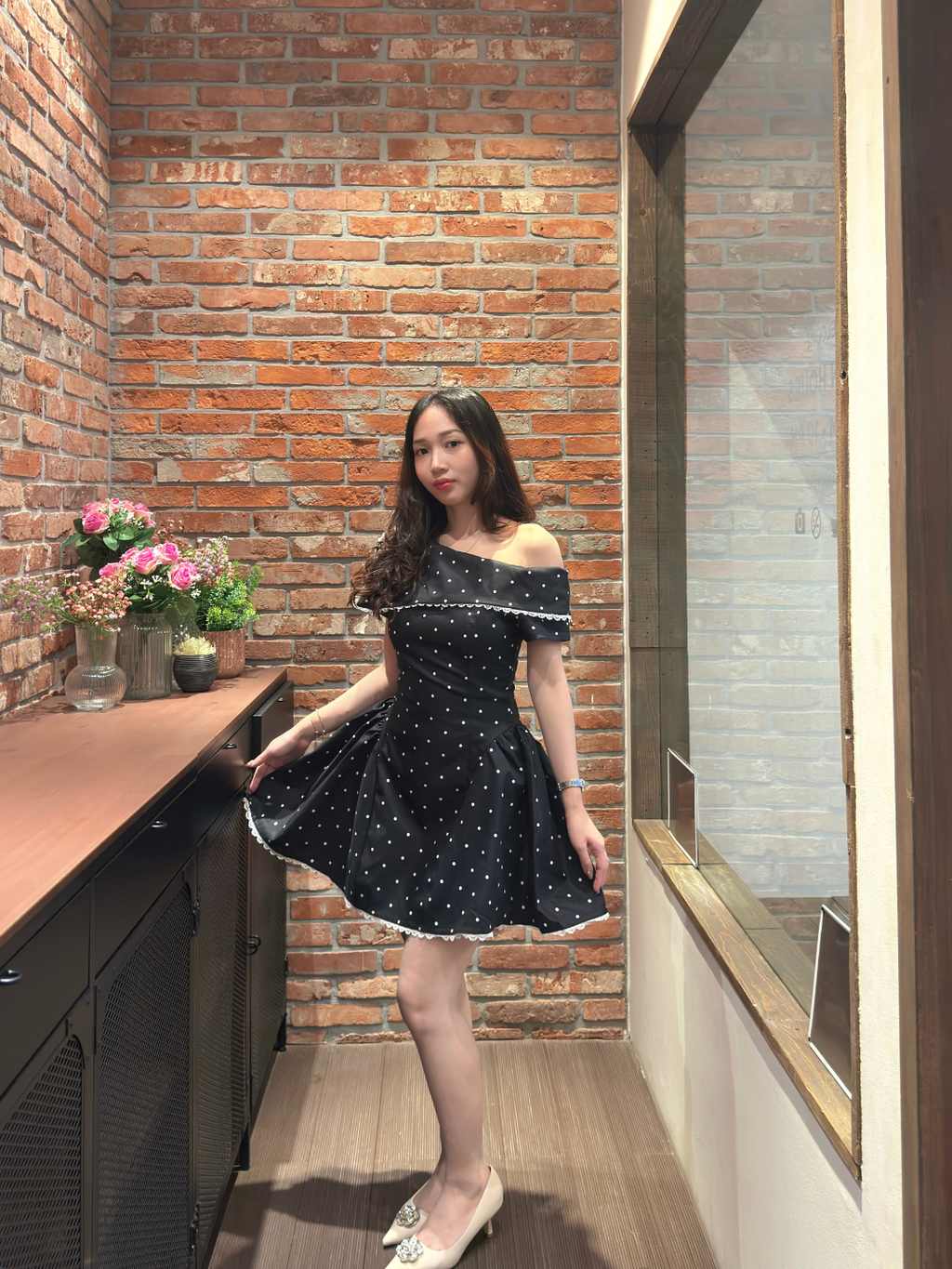 Vivienne | Midnight Polka Dot Off-Shoulder Mini